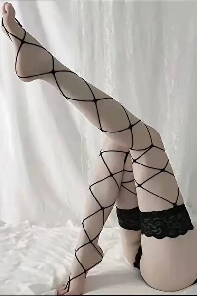 Giraffe Dantel Fileli Siyah Diz Üstü Çorap Gothic Y2k Steampunk Lolita seksi ...