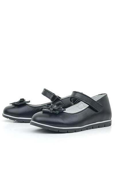 Rakerplus Girl's Black Genuine Leather Ballerinas - Ribbon Detailed