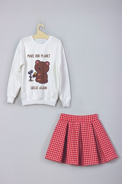 MYADA Plaid Patterned Sweatshirt and Checked Skirt Set