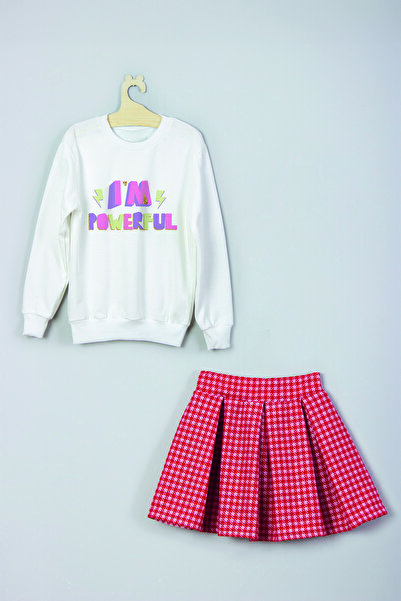 MYADA I'm Powerfull Baskılı Sweatshirt Ekose Kareli Etek Takım 22046