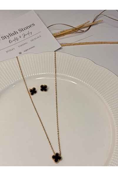 ACCESSORYHUB Yonca Siyah Mineli Kolye Küpeli Takım