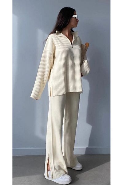 YILMAZ Women's Ecru Knitwear Set with Ribbed Collar and Side Zipper - Slit Leg