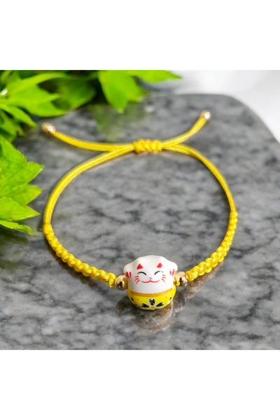 BYDC Maneki Neko Şans Kedisi Seramik Örgülü Ayarlanabilir Şans Bilekliği Lucky Cat Sarı