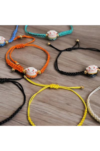 BYDC Maneki Neko Şans Kedisi Seramik Örgülü Ayarlanabilir Şans Bilekliği Lucky Cat(MARTENİÇKA HEDİYELİ)