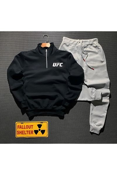 NEW TRENDY COLLECTİON New Season Cotton Half Zipper Ufc Printed Sweat- Cotton Sweatpants Set 2-Piece Bottom Top