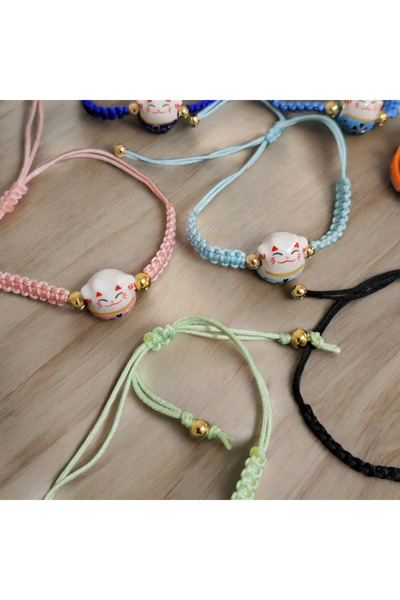BYDC Maneki Neko Şans Kedisi Seramik Örgülü Ayarlanabilir Şans Bilekliği Lucky Cat(MARTENİÇKA HEDİYELİ)