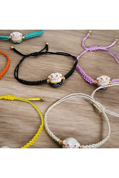 BYDC Maneki Neko Şans Kedisi Seramik Örgülü Ayarlanabilir Şans Bilekliği Lucky Cat