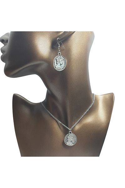 Ororabutik Silver Color Coin Figured Necklace and Earring Set