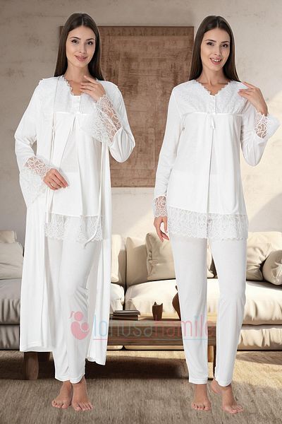 lohusahamile Ecru Maternity Pajamas Set with Hidden Breastfeeding Feature and Dressing Gown 7044
