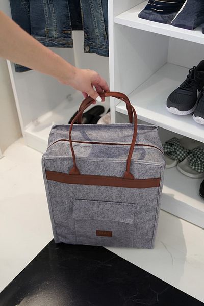 Milenay Felt Shoe Organizer with Leather Handles, Travel Bag Compatible, 35x22x40cm, Gray Color