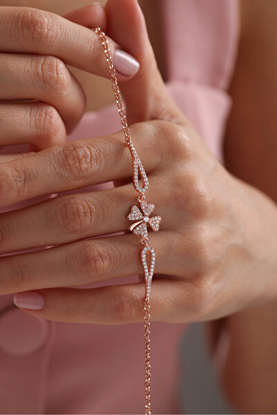 Nereze 925 Ayar Gümüş Rose Kaplama Kelepçe Model Yonca Bileklik