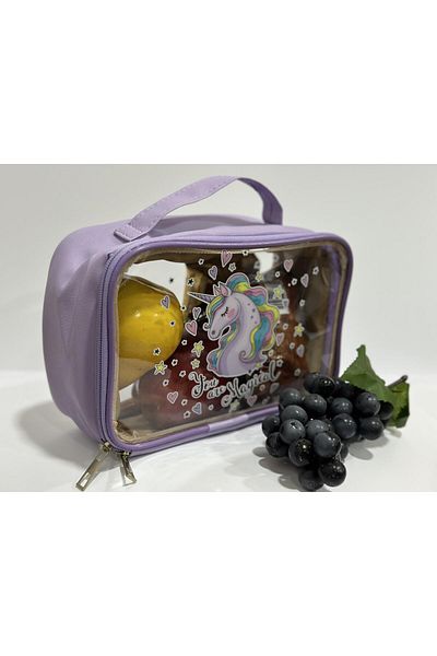 Hayveys Cutie de prânz pentru școală violetă, cu model unicorn, cutie de transport pentru caiet de creion cu mâner