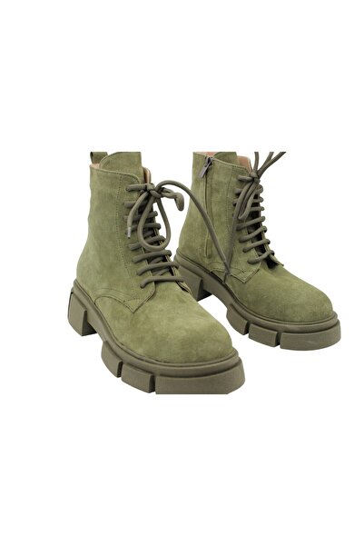 aayak&kabımofficial Gerçek Deri Yeşil Süet Bağcıklı Ve Fermuarlı Kadın Bot