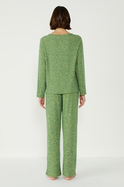 C&City Camisole Boat Neck Low Shoulder Long Sleeve Pocket Loose Trousers Set 405048 Khaki