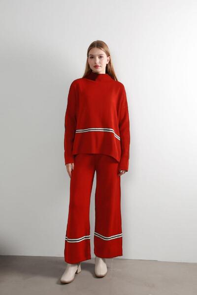 MAY MARA Women's Style Collar Striped Detailed 2-Piece Trousers Knitwear Set