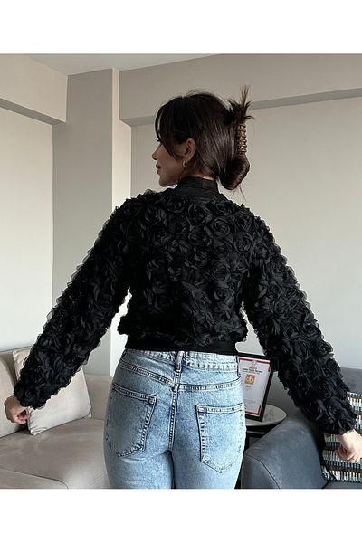AB LOOKS Дамско черно яке с цип от органза и шифон, текстурирано в розов цвят, модел ZR, новосезонно релефно яке тип бомбър с розов цвят