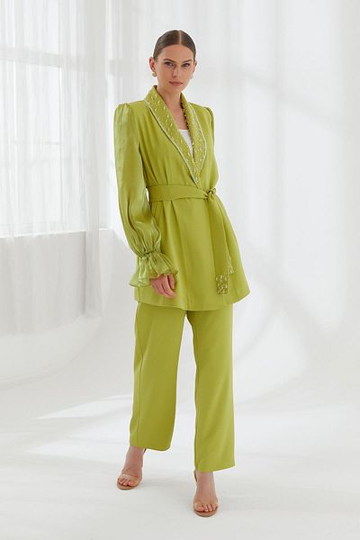 YAFA CLOTHING & ACCESSORIES Pistachio Green Hand Embroidered Jacket and Pants Set