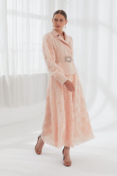 YAFA CLOTHING & ACCESSORIES Salmon Colored Motif Sleeves Set Jacket and Skirt