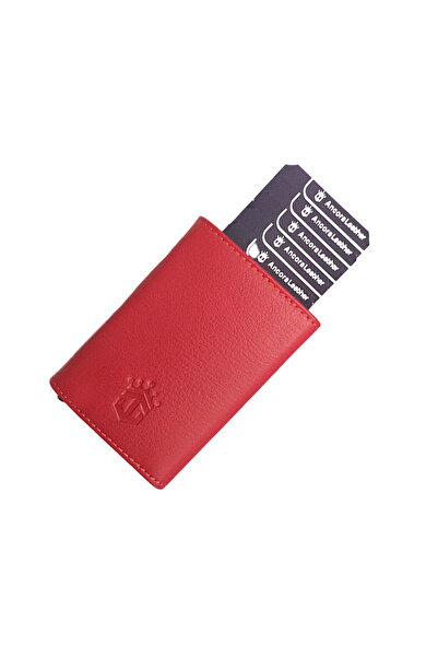 Ancora Leather محفظة حامل بطاقات أوتوماتيكية من الجلد الطبيعي باللون الأحمر