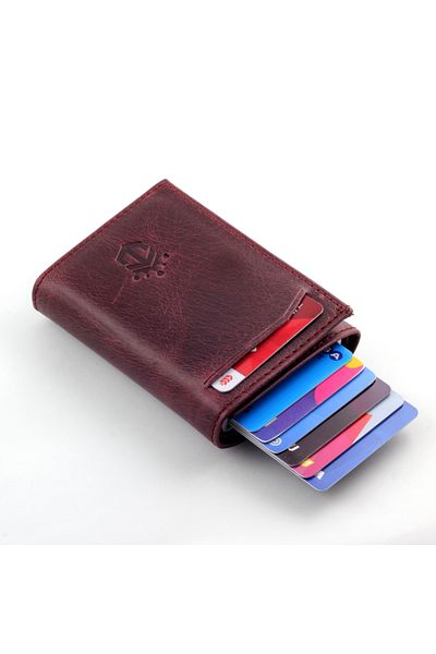 Ancora Leather Genuine Leather Crazy Mechanism Card Holder Automatic Men's Wallet Maximum Capacity Claret Red