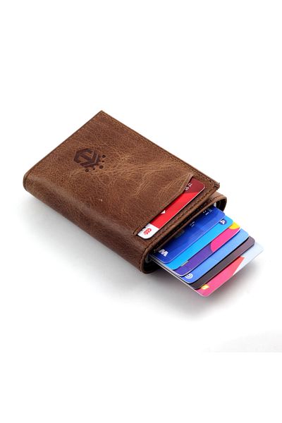 Ancora Leather Естествена кожа Crazy Mechanism Card Holder Автоматичен мъжки портфейл Максимален капацитет Кафяв