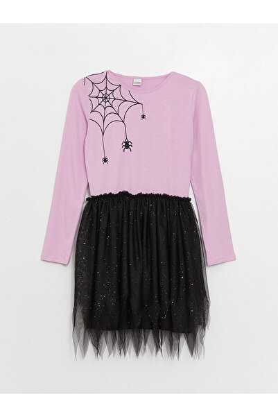 LC Waikiki Lilac Crew Neck Printed Long Sleeve Girl's Dress