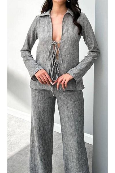 Cardella Short Kimono and Trousers Lace Detailed Double Set