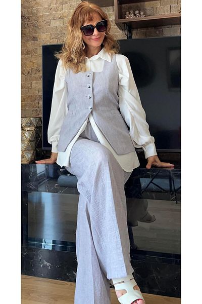 Cardella Linen Square Collar Hijab Trousers Vest Double Set - Compatible