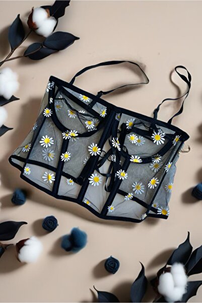 FASİON Kadın Papatya Desenli Büstiyer Siyah Tül Balenli Korse