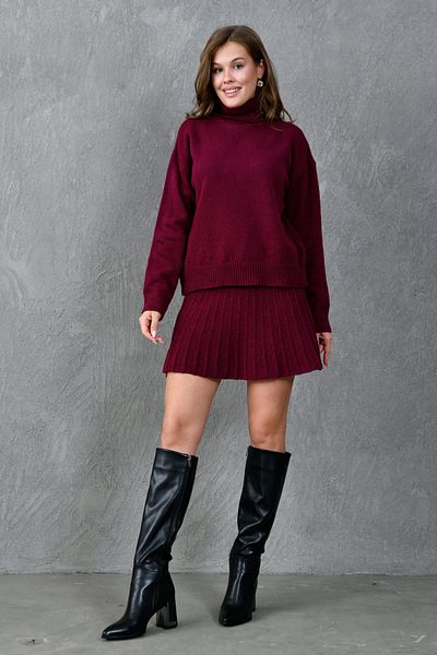 bayansepeti Set aus Rollkragenpullover, Bordeauxrot, Oversize-Strickpullover und plissiertem Minirock – 9903