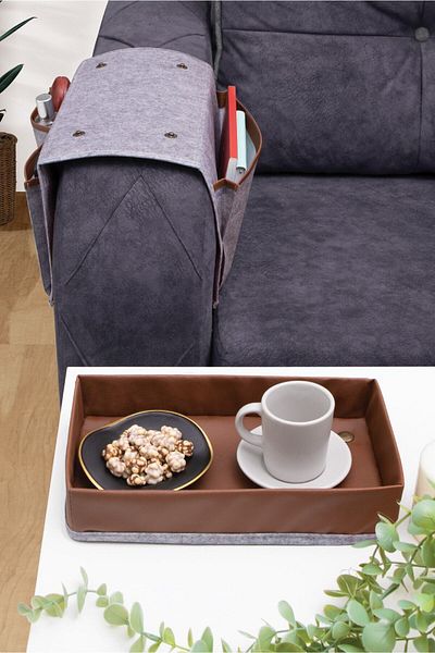 Silkyra Gray Colored Leather Felt Sofa Edge Organizer - 50X27X31Cm