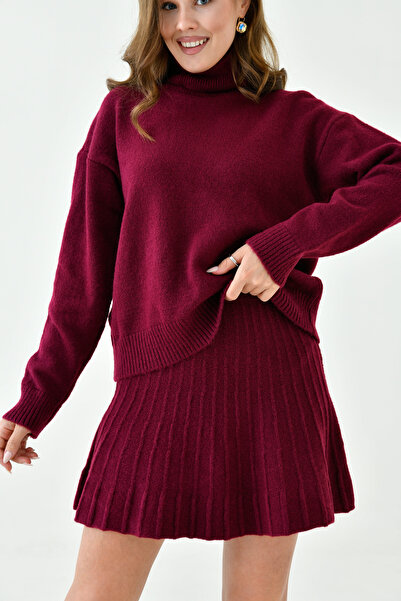 barış sülün lovebox Turtleneck kötöttáru pulóver és mini szoknya Claret Red dupla szett - 9903 túlméret