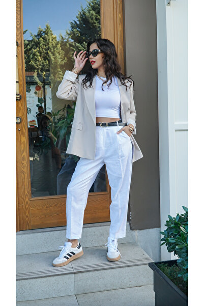 DelVino Krem Renk Poliviskon Kumaş Ceket