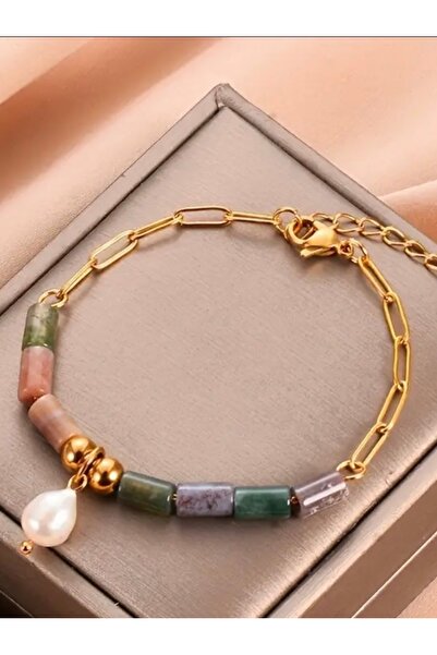 By Song Aksesuar سوار من حجر العقيق الهندي الطبيعي مع اللؤلؤ الحقيقي