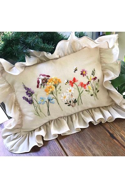 Home 50*60 Cm Linen Fabric Pillows - Handmade Wild Flowers, Ruffle Detailed