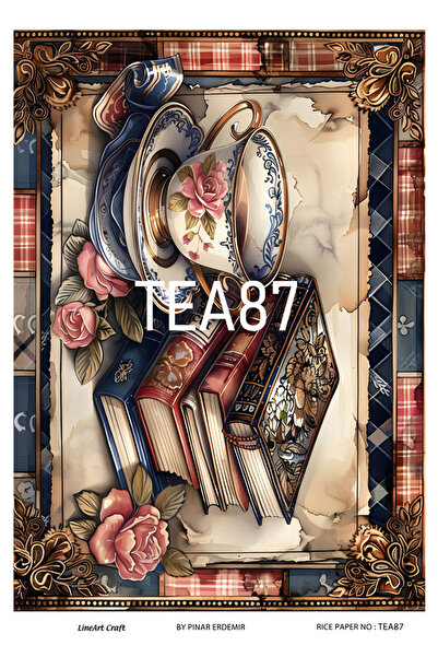 LİNEART Tea, Fincan,,Kitaplar, Çiçekler Deseni TEA Serisi Pirinc Dekopaj Kagı...