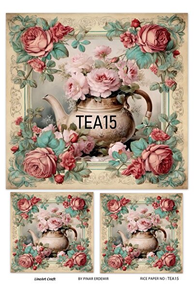 LİNEART Tea, Teapot, Cup Flowers Pattern Tea Series Brass Decopage Paper 29X4...