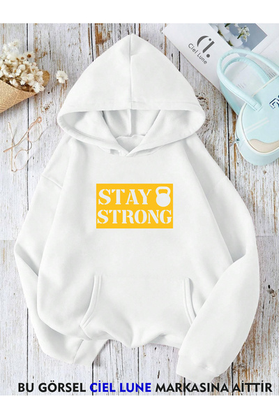 NEVERMIND Унисекс Stay Strong принтирана суитшърт с качулка 3-слойна