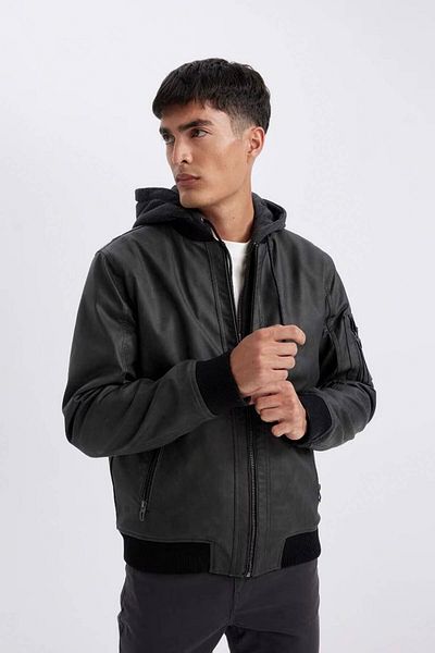 DeFacto Παλτό από συνθετικό δέρμα Water Repellent Slim Fit - Αποσπώμενη κουκούλα, με τσέπη με φερμουάρ N9682az24wn