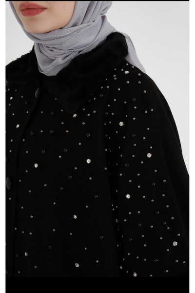 MODA MAÇKA PARK Λεπτομερές πλεκτό Poncho Abaya με πέτρα ζιργκόν και πέρλες - Tasarim 02