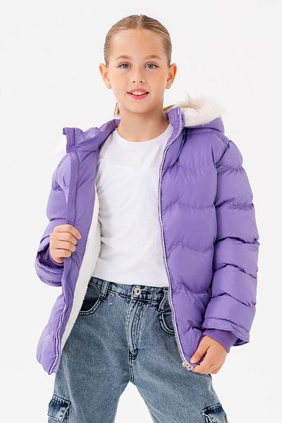VODENS Girl's Thick Fur Water Repellent Lilac Coat with Fleece Underwear