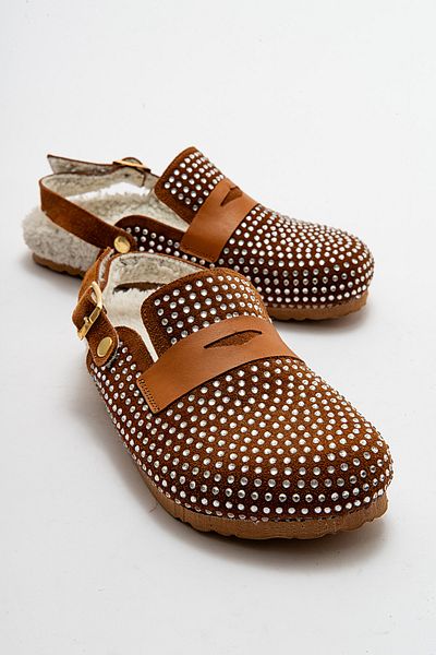 Dericlub Deri̇club Women's Plush Closed Slippers - Genuine Leather Zy 1533 Taba