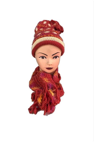 Hasyılmaz Women's Knitted Scarf Beanie Set Red