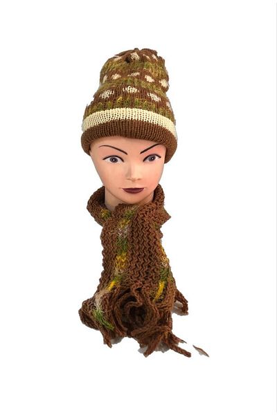 Hasyılmaz Women's Knitted Scarf Beanie Set Brown