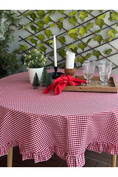 Decamor home Linen Red Gingham Frilly Care Free Stain Resistant Round Tablecloth