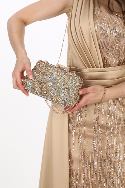 womenacs Gold Evening Dress Clutch with Natural Stone Detail - Jewelled Opening Knob Chain Strap for Wedding and Engagement