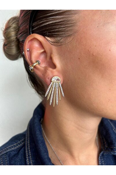 İlayda Illys Gold Baguette and Zircon Stone Detailed Sword Baguette Earrings