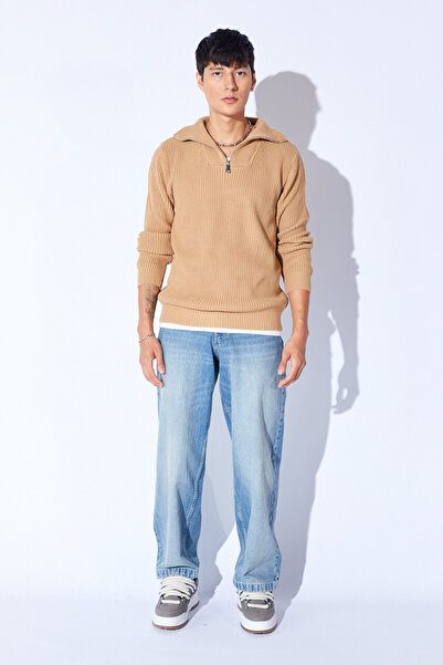 Manche Oversize Yarım  Fermuarlı Örgü Desen Yumuşak Dokulu Erkek Kazak | Vizon MANW519913-1