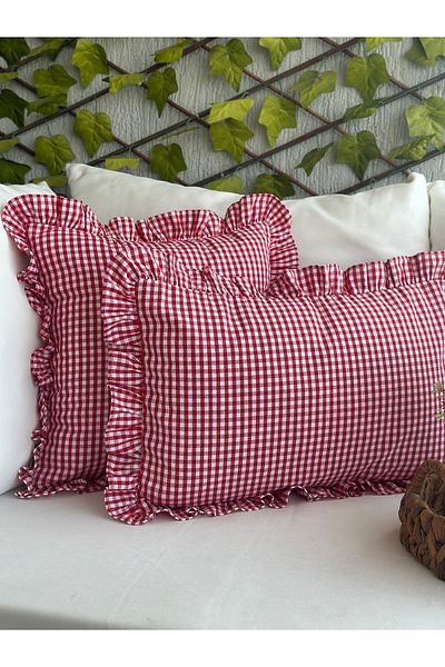 Decamor home Cotton Linen Red Mini Gingham Ruffle Throw Pillow Cover 1 Pc