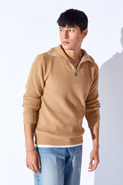 Manche Oversize Yarım  Fermuarlı Örgü Desen Yumuşak Dokulu Erkek Kazak | Vizon MANW519913-1